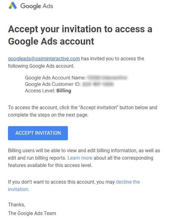Google Ads Billing Invitation Email